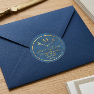 Gold Foil Wreath Custom Monogram Return Address Classic Round Sticker