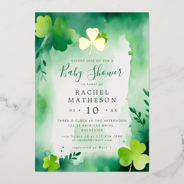 gold foils shamrock st patricks day baby shower foil holiday card (Front)