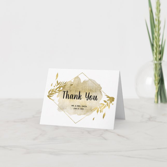 Gold Foliage Effect Wedding Thank You Note Card (Front)