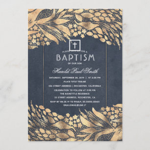 Gold Foliage Elegant Navy Blue Baptism Invitation