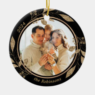 Gold Foliage Family Photo Black Christmas Ceramic Ornament