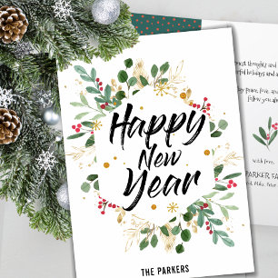 Gold Foliage Floral   Red Berry New Year Holiday Card