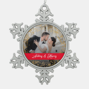 Gold Foliage Modern Monogra Photography Snowflake Pewter Christmas Ornament