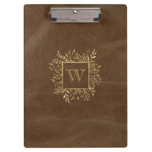 Gold Foliage Monogram Brown Faux Leather Clipboard