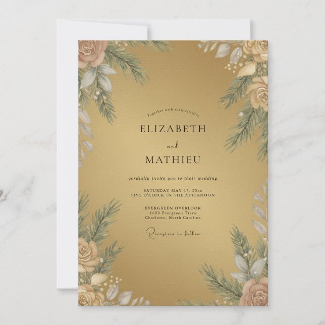 Gold Foliage Petal Wedding Invitation (Front)