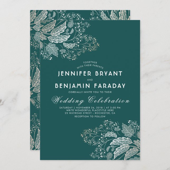 Gold Foliage Teal Green Elegant Modern Wedding Invitation (Front/Back)