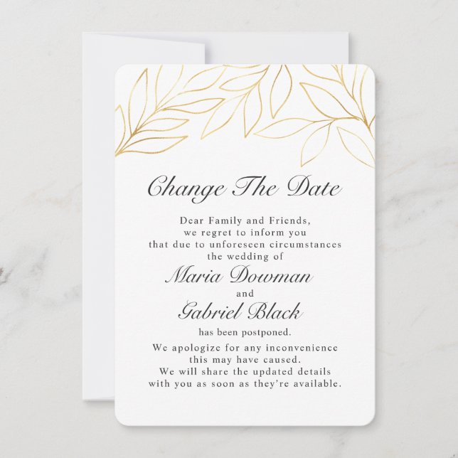 Gold Foliage Wedding Postponement Change Save The  Date (Front)
