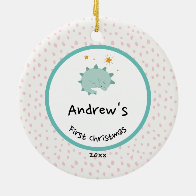 Gold Foliage Wreath | Baby First Christmas Blue Ceramic Ornament (Back)