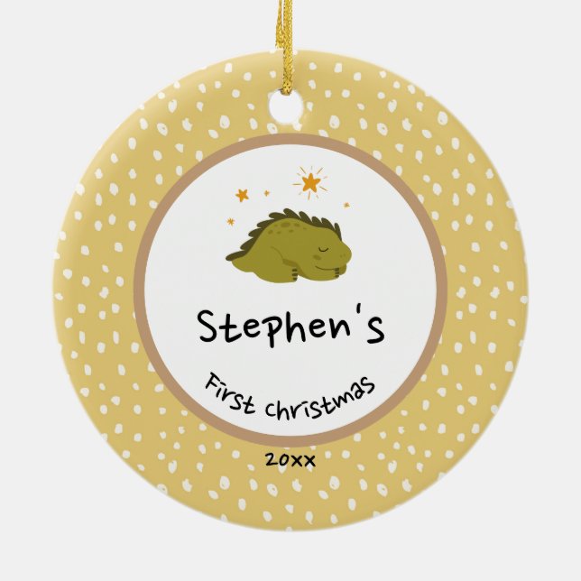 Gold Foliage Wreath | Baby First Christmas Green Ceramic Ornament (Back)