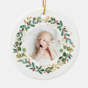 Gold Foliage Wreath   Baby First Christmas Modern Ceramic Ornament
