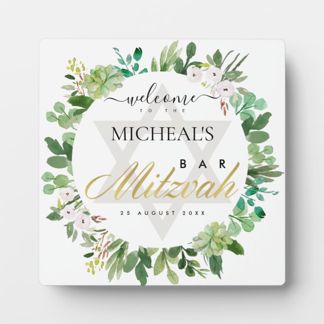 GOLD FOLIAGE WREATH STAR BAR BAT MITZVAH WELCOME PLAQUE (Front)