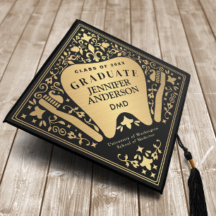 Gold Folk Art Dentist Student Graduation Cap Topper