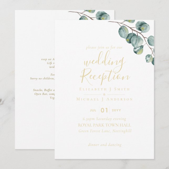 Gold Font Greenery Wedding RECEPTION Evening Invitation (Front/Back)