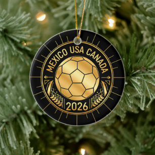 Gold Football Emblem 2026 Mexico USA Canada Ceramic Ornament