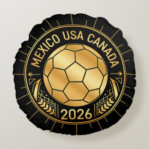 Gold Football Emblem 2026   Mexico USA Canada Round Pillow