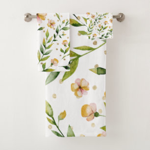 Gold forest green mustard yellow floral polka dots bath towel set