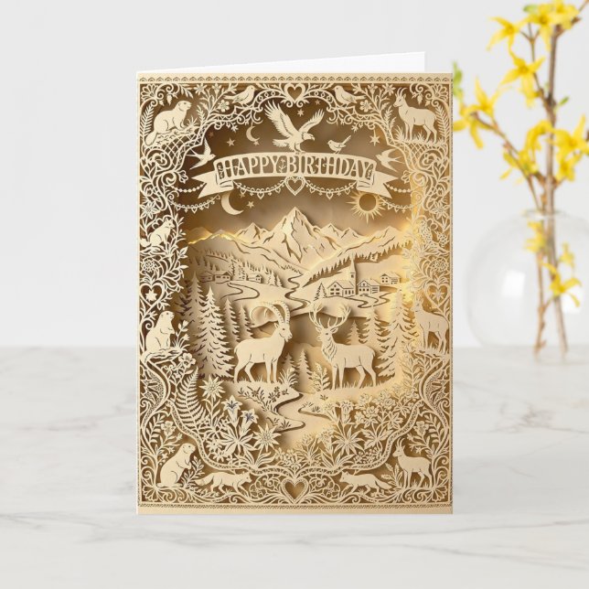 Gold Forest Stag Embossed Happy Birthday Card (Yellow Flower)