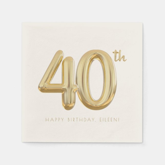 Gold Forty 40th Birthday Balloon Party Napkin (Front)