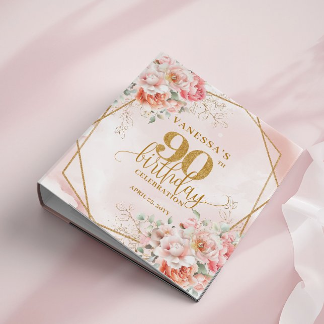 Gold Frame 90th Birthday Memory Album Blush Floral Binder (Gold Frame 90th Birthday Memory Album Blush Floral 3 ring binder)