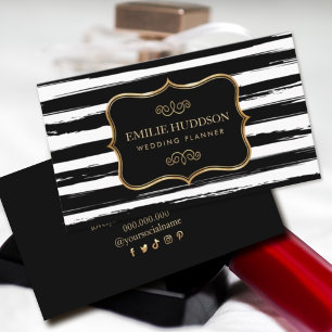 Gold Frame Abstract Black White Stripes Business Card