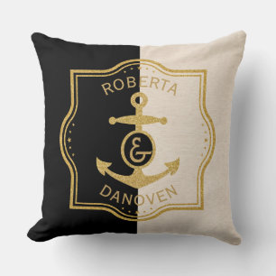 Gold Frame & Anchor On Black & Beige background Throw Pillow