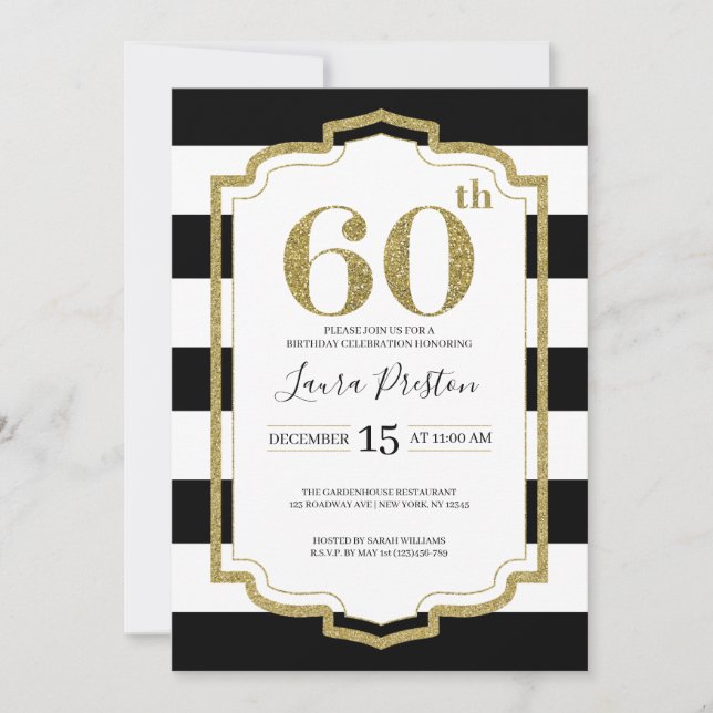 Gold Frame and Black Stripes Glitter 60th Birthday Invitation (Front)