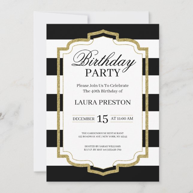 Gold Frame and Black Stripes Glitter Birthday Invitation (Front)