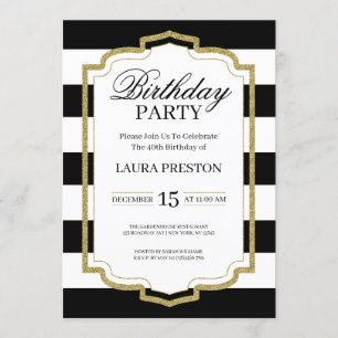 Gold Frame and Black Stripes Glitter Birthday Invitation