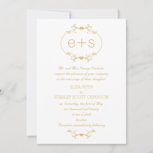 Gold frame and initials elegant monogram wedding invitation (Front)