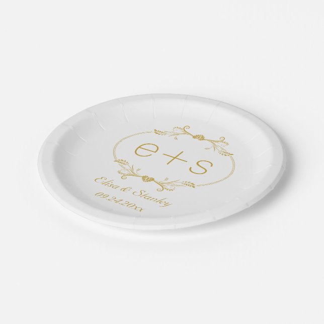 Gold frame and initials elegant monogram wedding paper plate (Angled)