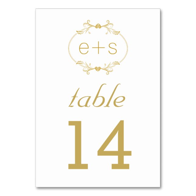 Gold frame and initials wedding table number card (Front)