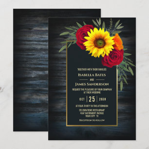 Gold Frame Barnwood Sunflower Wedding Invitation