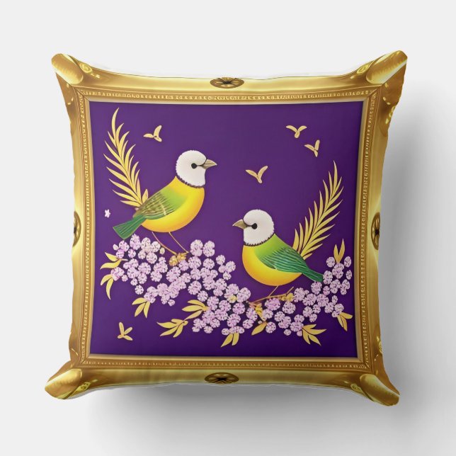 ✨ Gold Frame Bird Throw Pillow Elegant Decor 🐦🌸 (Front)