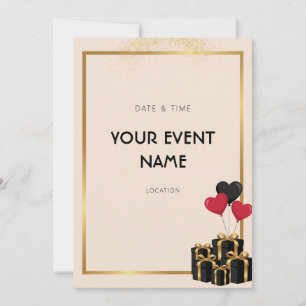 Gold Frame Black Present Red Heart Balloon Invitation