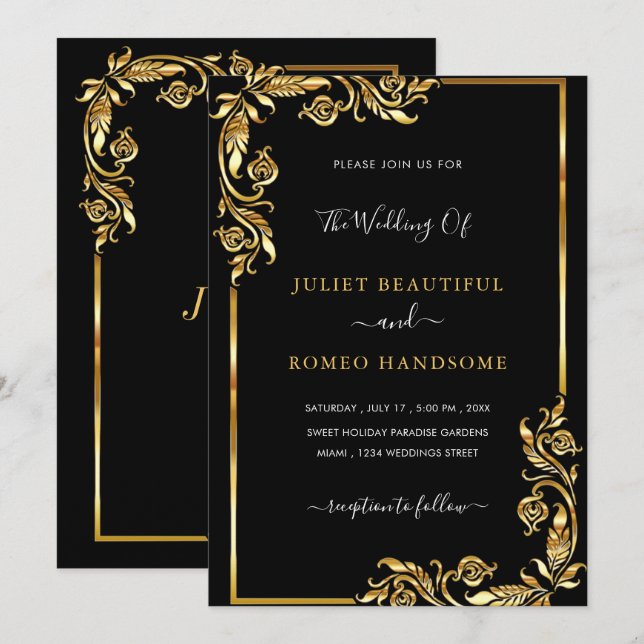 Gold Frame Black Wedding Invitation - Your Colours (Front/Back)
