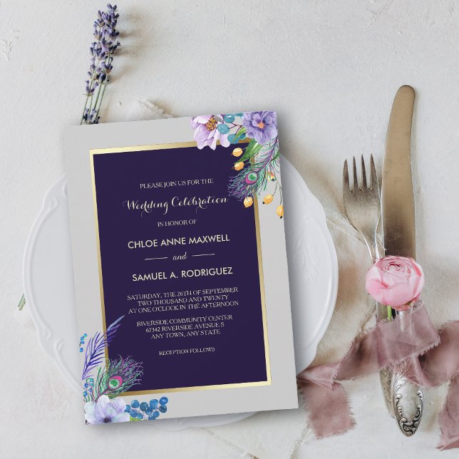 Gold Frame Blue Boho Floral Wedding Invitation (Creator Uploaded)
