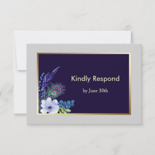 Gold Frame Blue Boho Floral Wedding RSVP Card