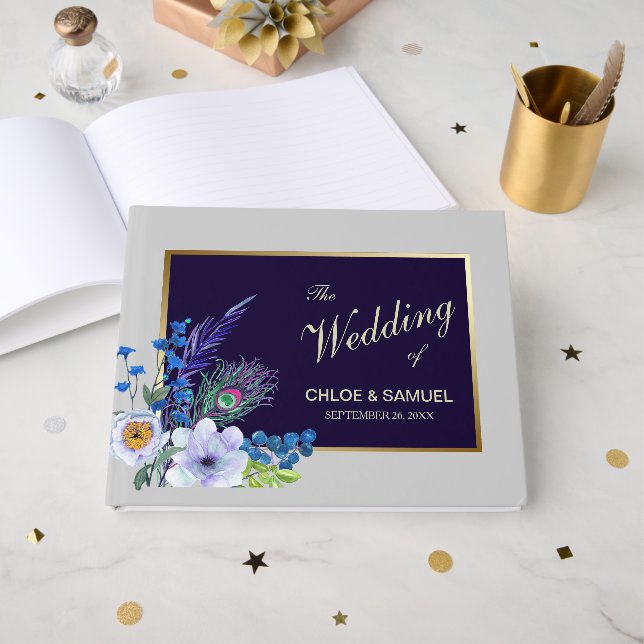 Gold Frame Blue Floral Wedding Guest Book (Front Open)