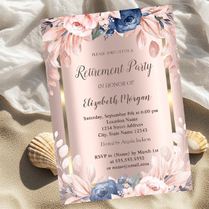 Gold Frame,Blue Flowers Rose Gold Retirement Invitation