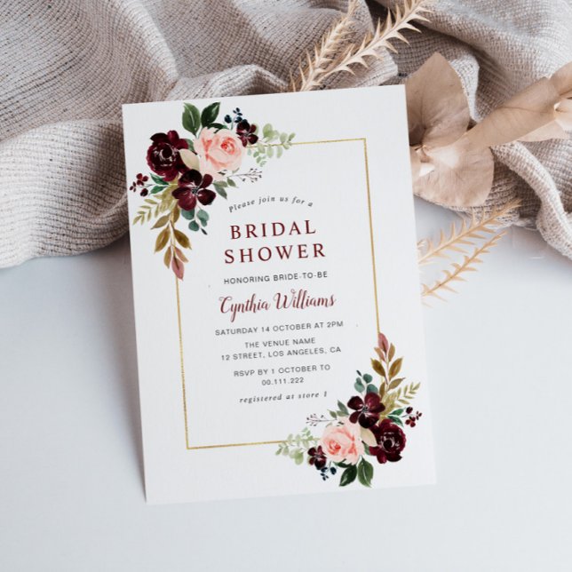 gold frame burgundy blush floral bridal shower invitation (Creator Uploaded)