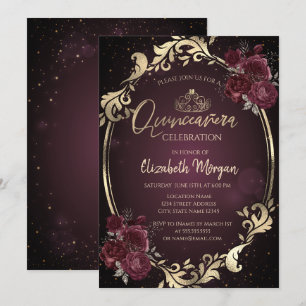 Gold Frame Burgundy Roses Dark Quinceañera Invitation
