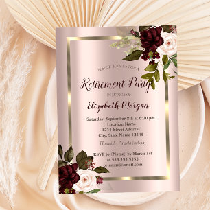 Gold Frame,Burgundy Roses,Rose Gold Retirement Invitation