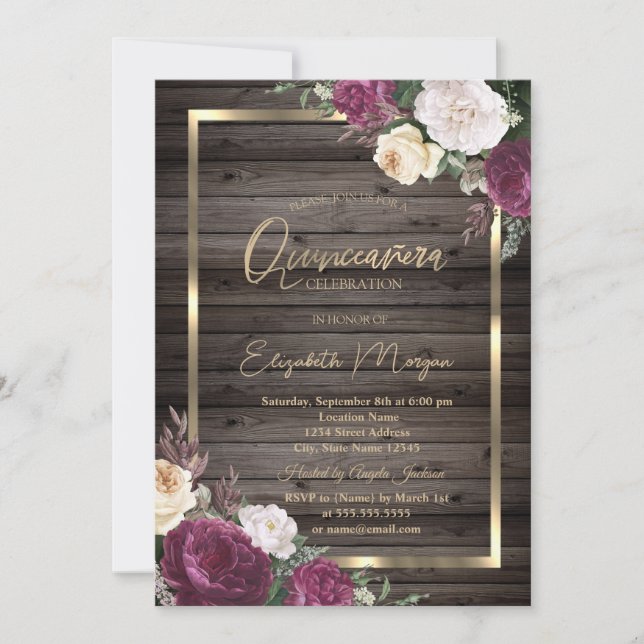  Gold Frame Burgundy Roses Wood Quinceañera Invitation (Front)