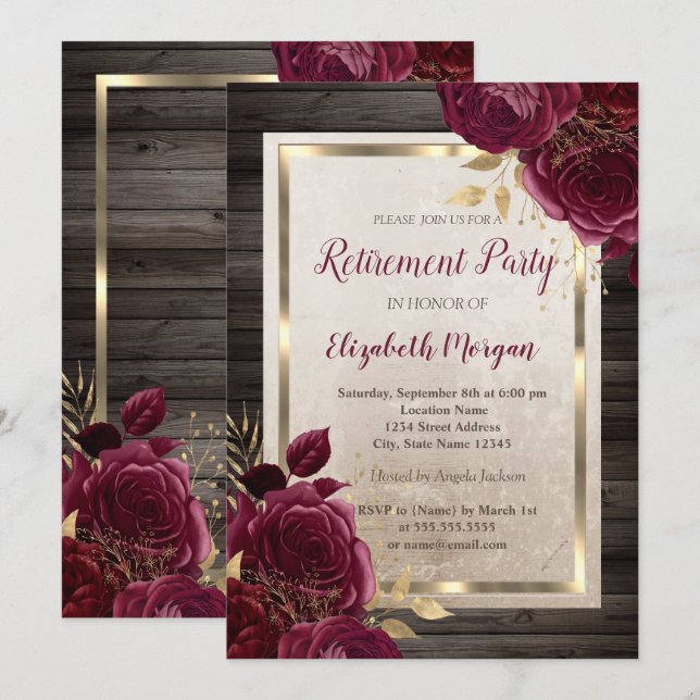 Gold Frame,Burgundy Roses Wood Retirement   Invitation (Front/Back)