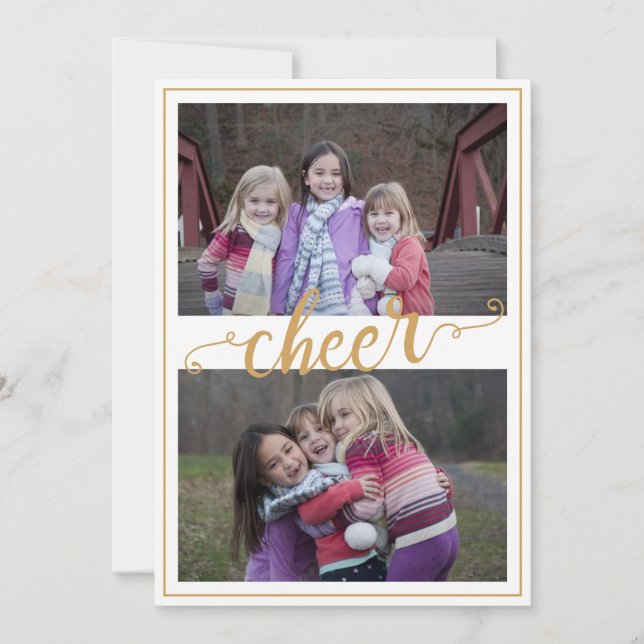 Gold Frame Cheer Typography Multiple Photo Holiday Card (Front)