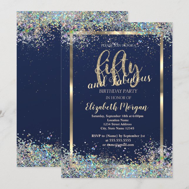 Gold Frame Colourful Confetti 50th Birthday Party Invitation (Front/Back)