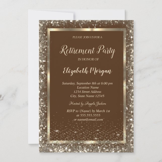 Gold Frame Confetti Border Brown Retirement Invitation (Front)