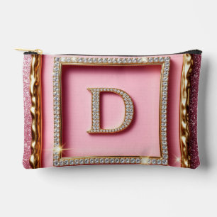 Gold Frame Diamond Initial D Pink Glitter Monogram Accessory Pouch