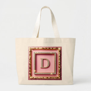 Gold Frame Diamond Initial D Pink Glitter Monogram Large Tote Bag