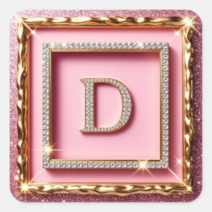 Gold Frame Diamond Initial D Pink Glitter Monogram Square Sticker